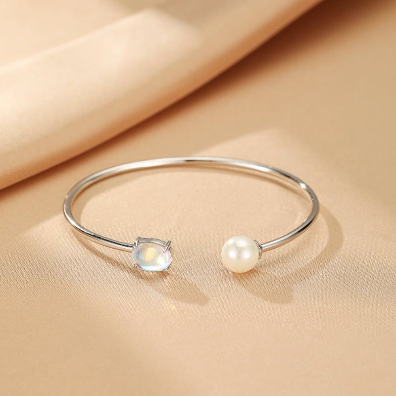 Bracelet Pierre de Lune et Perle Argent S925 Ajustable - Biloria