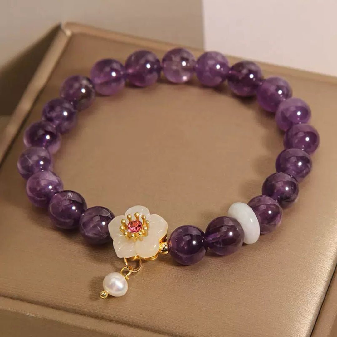 Bracelet pierres naturelles Améthyste Jade Perle Fleur Sérénité - Biloria