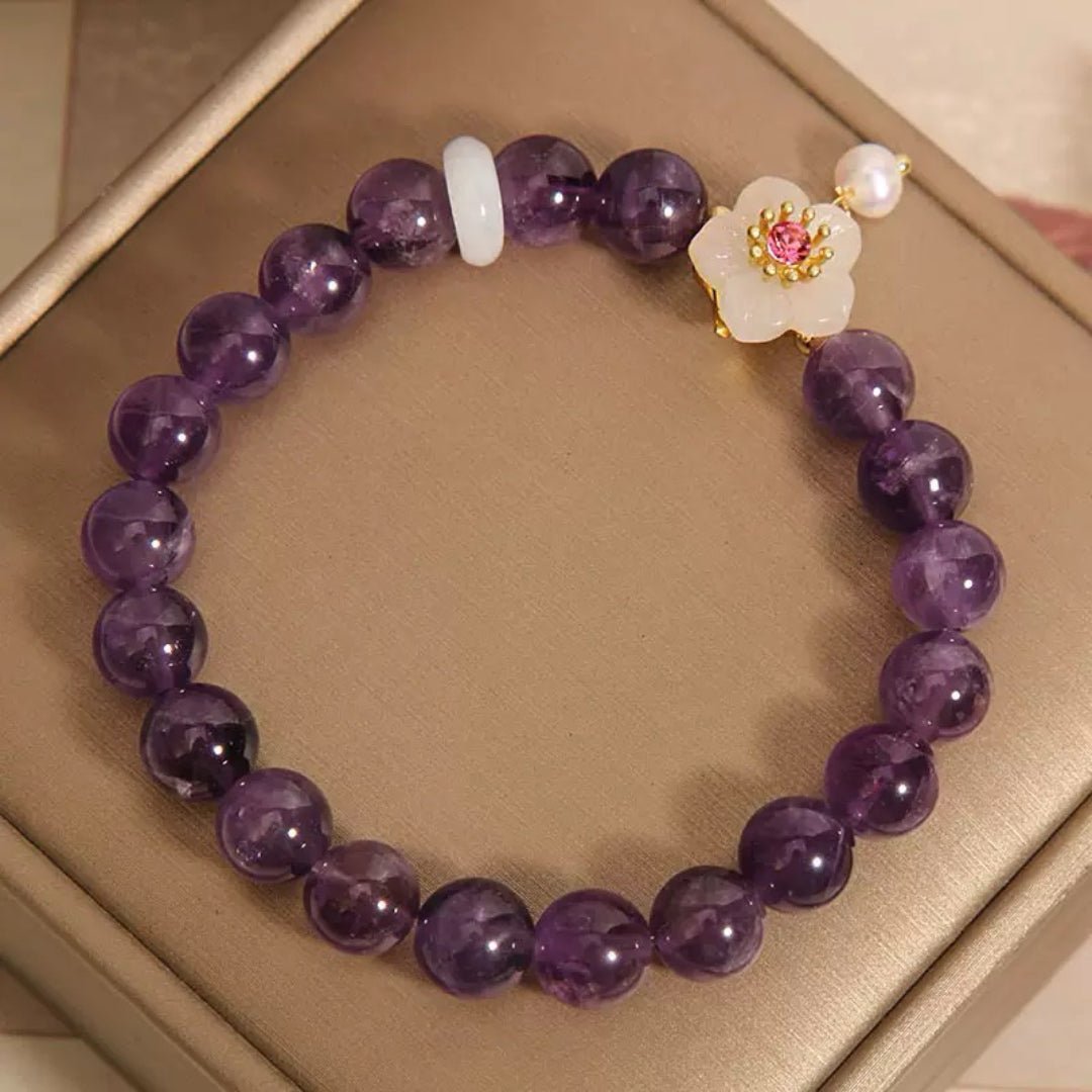 Bracelet pierres naturelles Améthyste Jade Perle Fleur Sérénité - Biloria