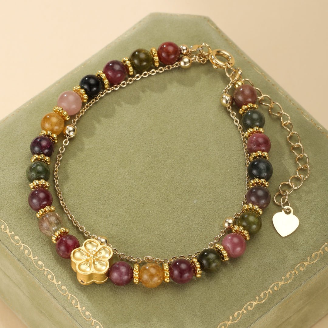 Bracelet Tourmaline et Sakura, Bijou Ajustable Protection - Biloria