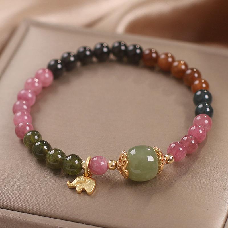 Bracelet Tourmaline Multicolore et Jade avec Éléphant Doré - Biloria