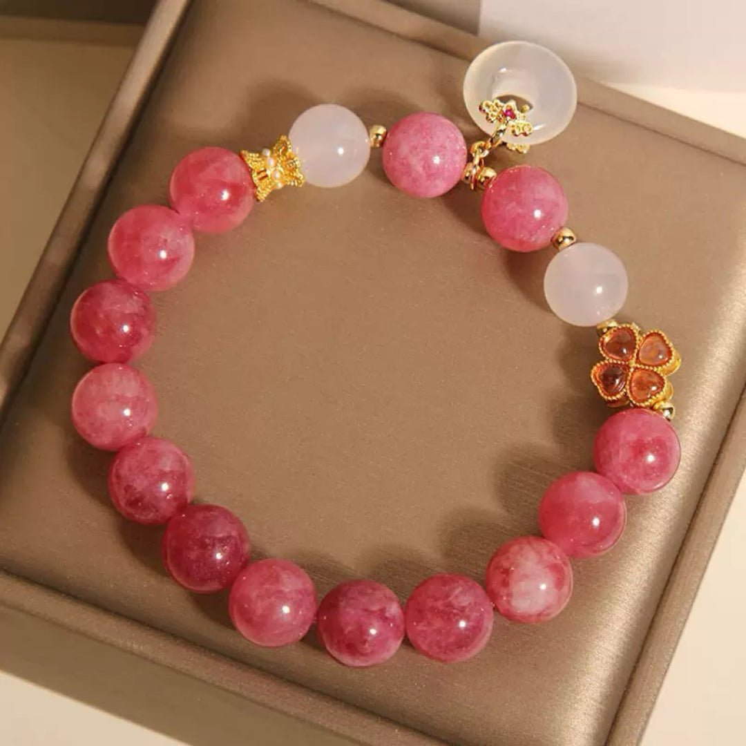 Bracelet Tourmaline Rose et Jade Blanc - Symbole Trèfle Chance - Biloria