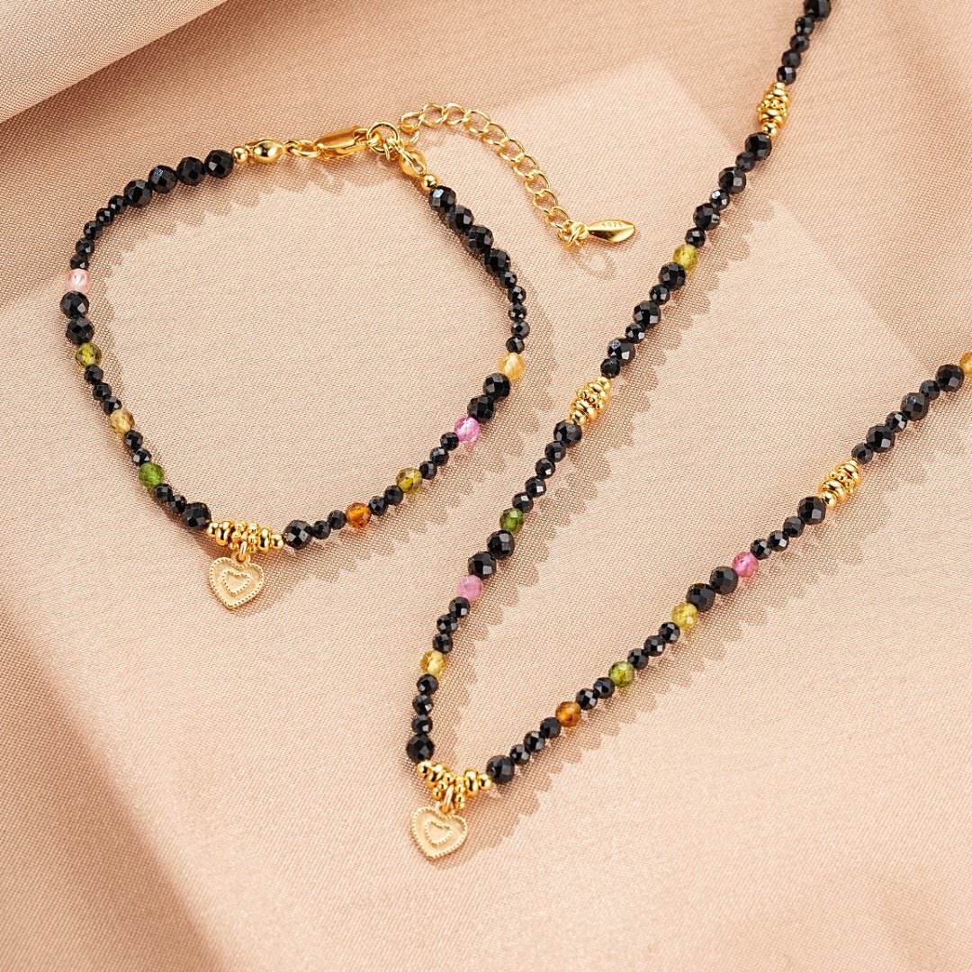 Bracelet Tourmaline Spinelle Noire Argent Plaqué Or Protection - Biloria