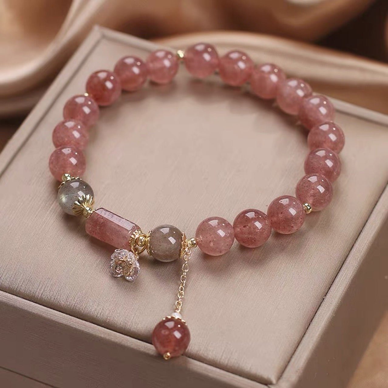 Bracelet Tressé Quartz Fraise et Labradorite 8 mm – Énergie Douce - Biloria