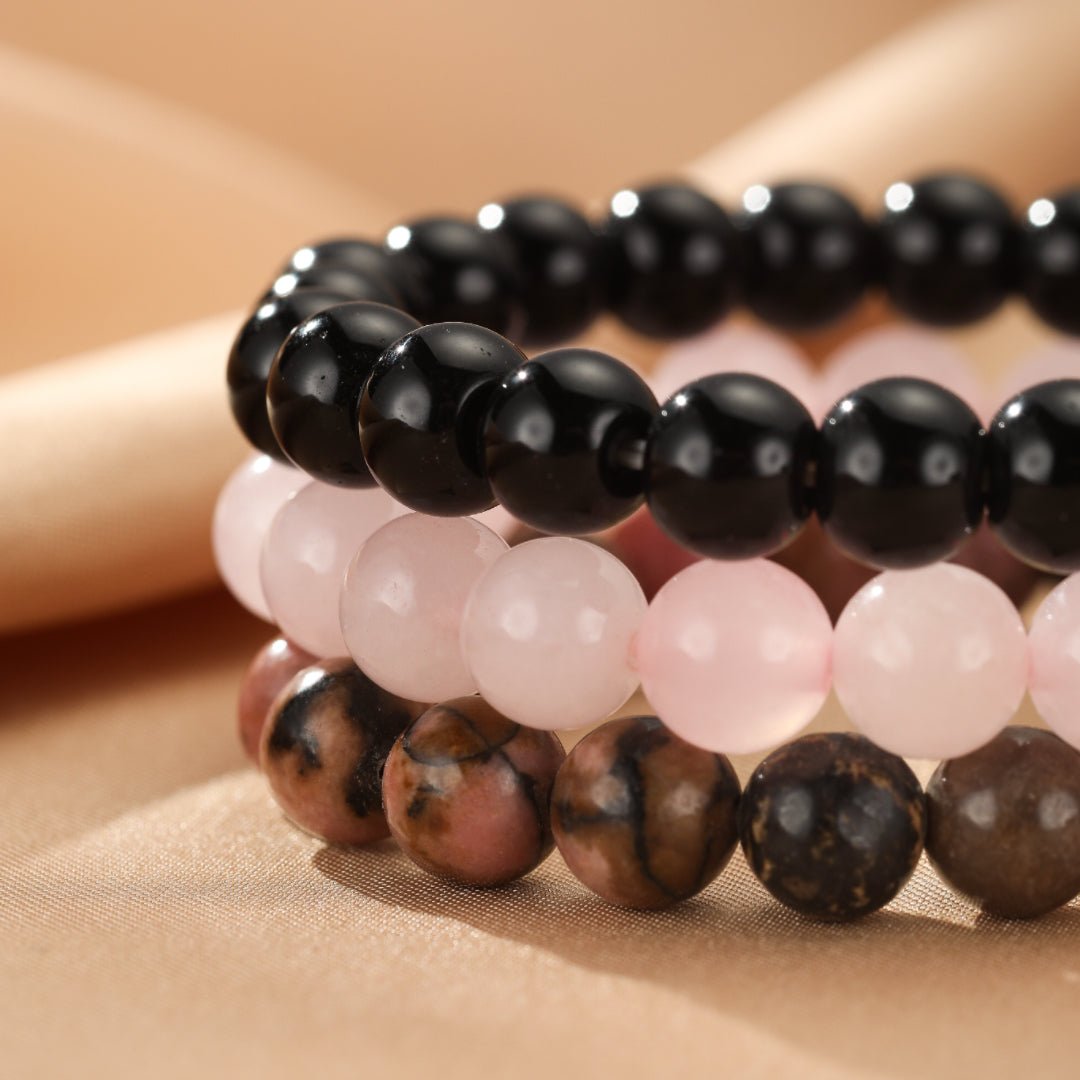 Bracelet Trio Onyx Quartz Rose Rhodonite – Protection & Sérénité - Biloria