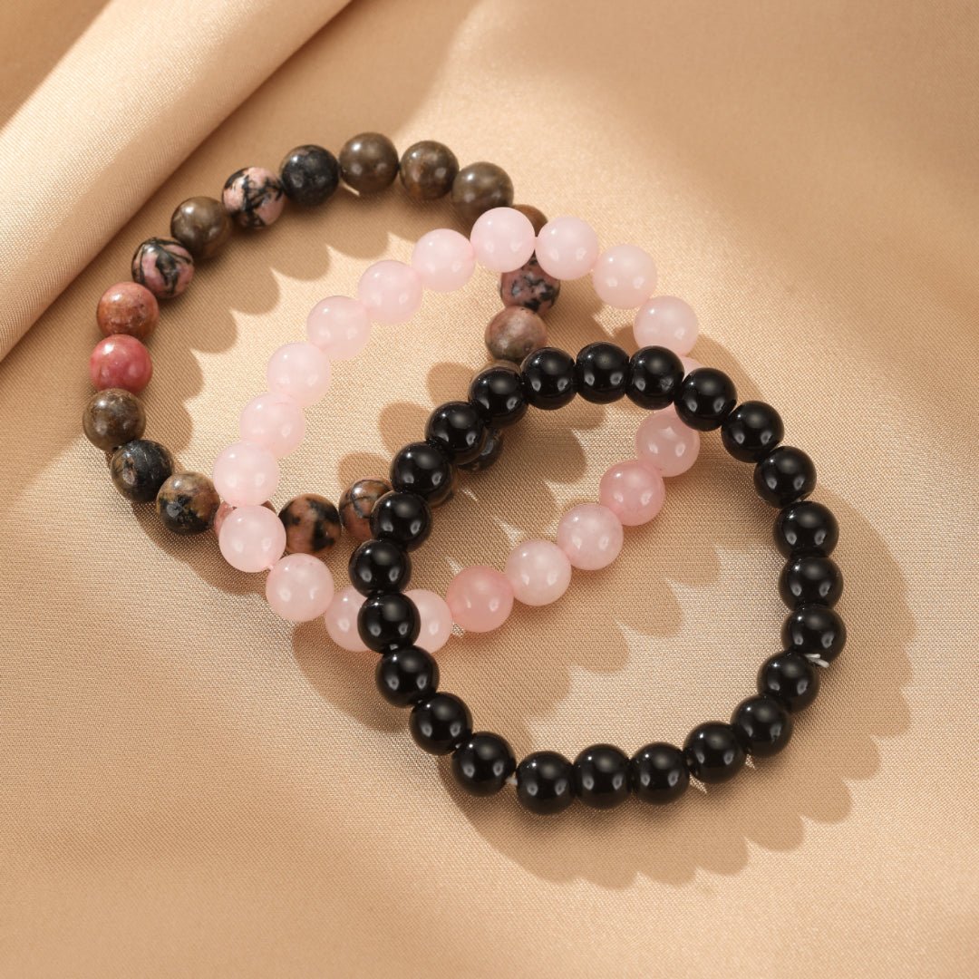 Bracelet Trio Onyx Quartz Rose Rhodonite – Protection & Sérénité - Biloria