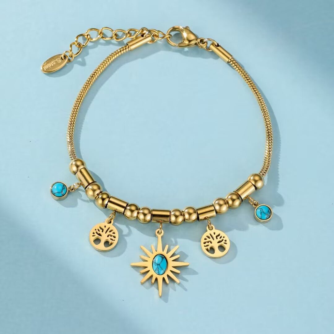 Bracelet Turquoise Arbre de Vie Acier Doré - Biloria