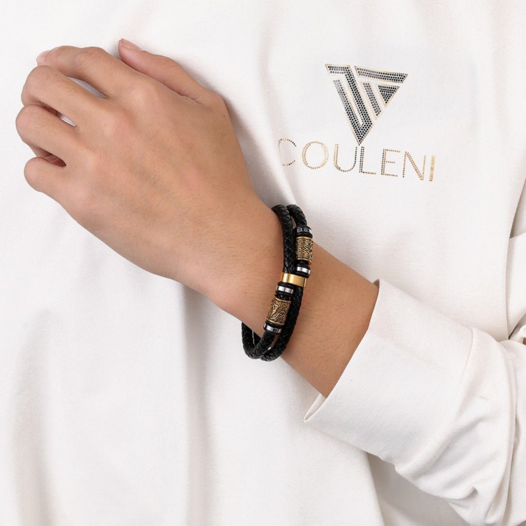 Bracelet Viking Cuir Noir Nœuds Infinis Acier Inoxydable - Biloria