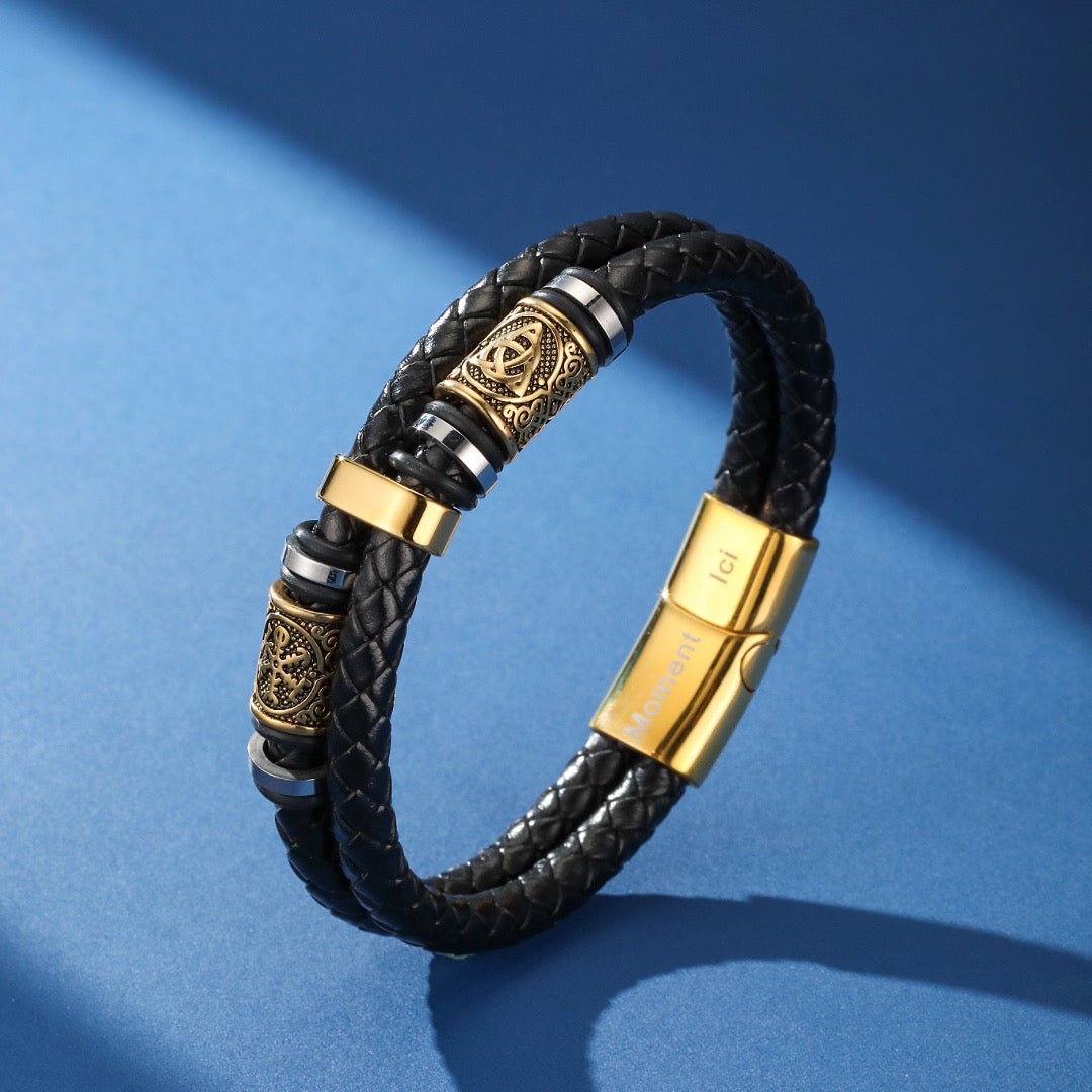 Bracelet Viking Cuir Noir Nœuds Infinis Acier Inoxydable - Biloria