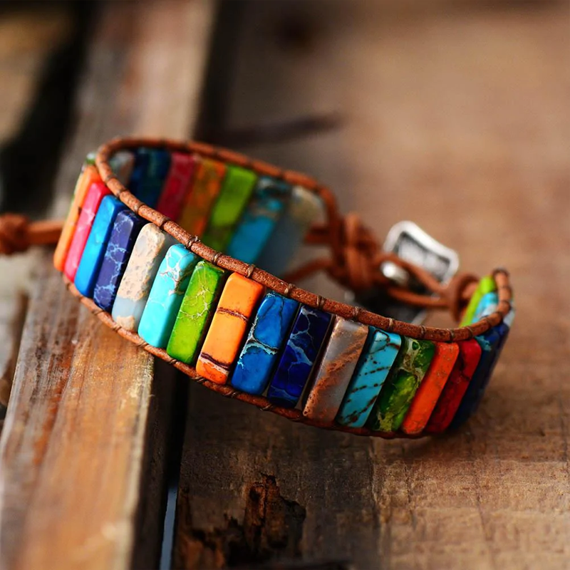Bracelet Wrap 7 Chakras en Cuir Végétal et Acier Inoxydable - Biloria