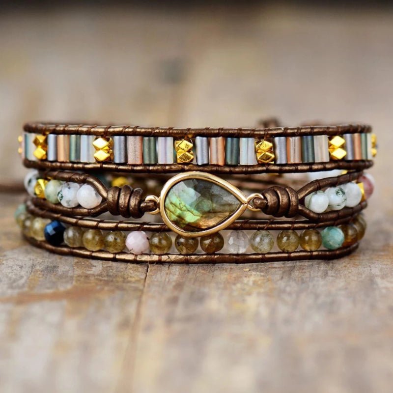 Bracelet Wrap Labradorite Cuir Ajustable - Bijou Protecteur - Biloria