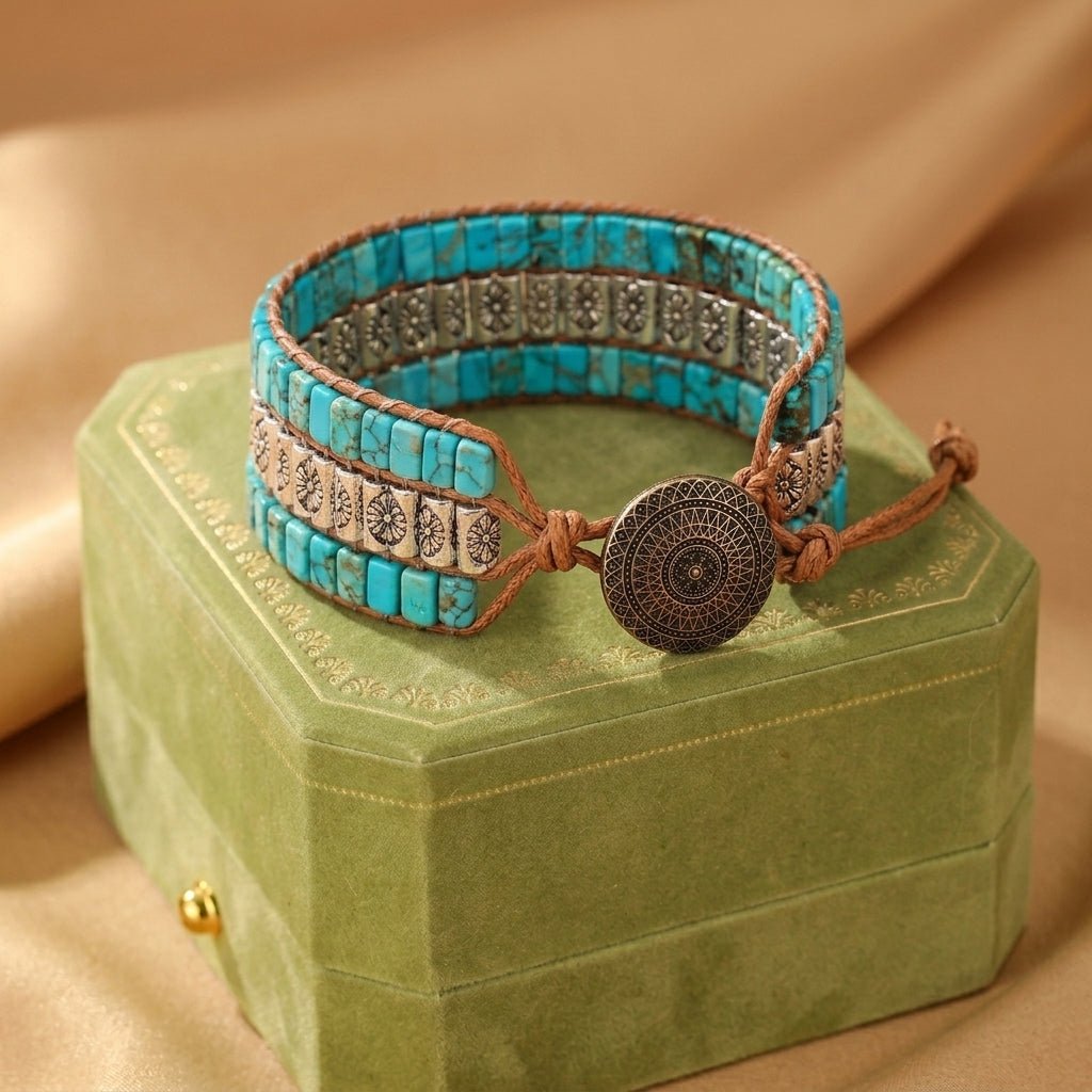 Bracelet Wrap Turquoise Fait Main - Protection et Sagesse - Biloria