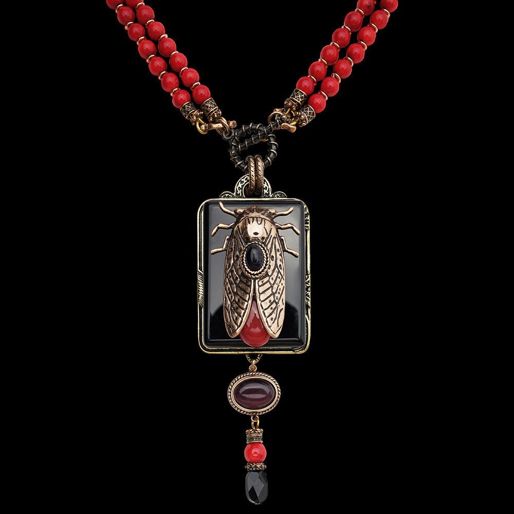 Collier Agate Noir Cigale Laiton Bambou de Mer Vintage - Biloria