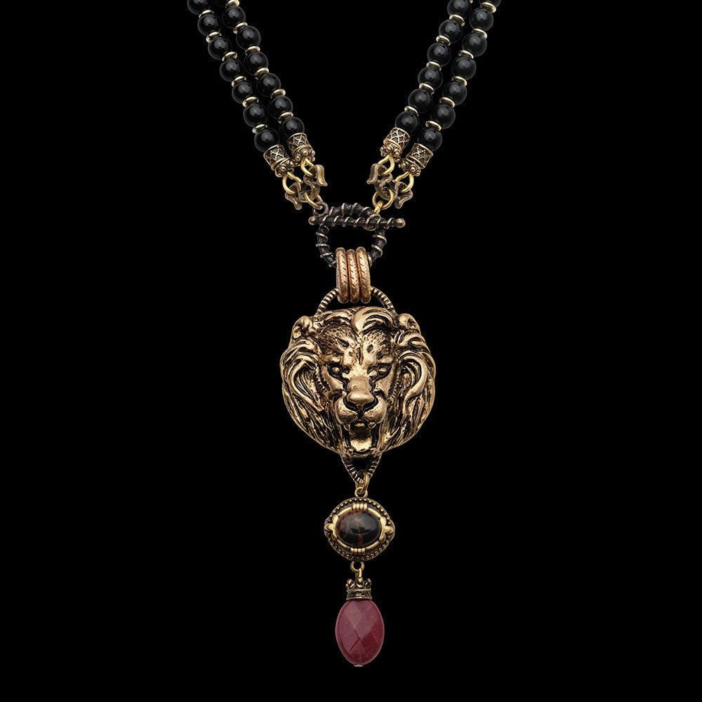 Collier Agate Noire Roi Lion en Laiton et Pierres Naturelles - Biloria