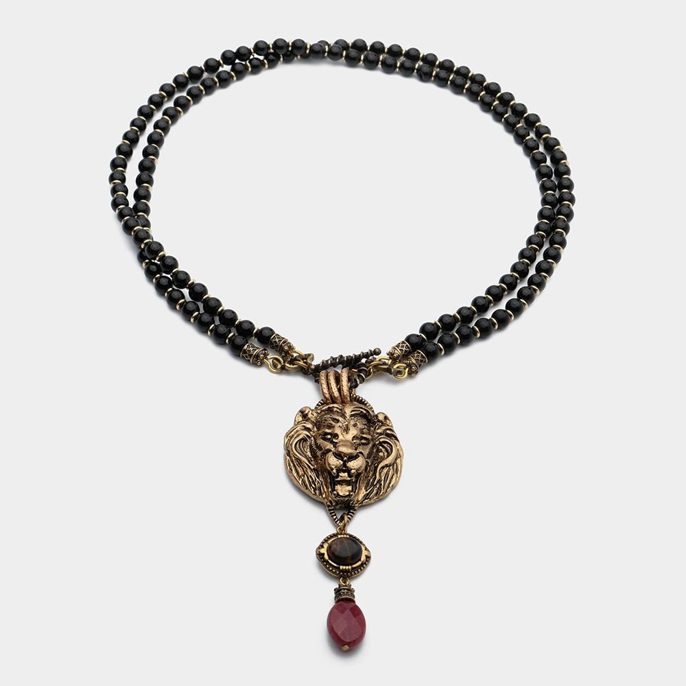 Collier Agate Noire Roi Lion en Laiton et Pierres Naturelles - Biloria