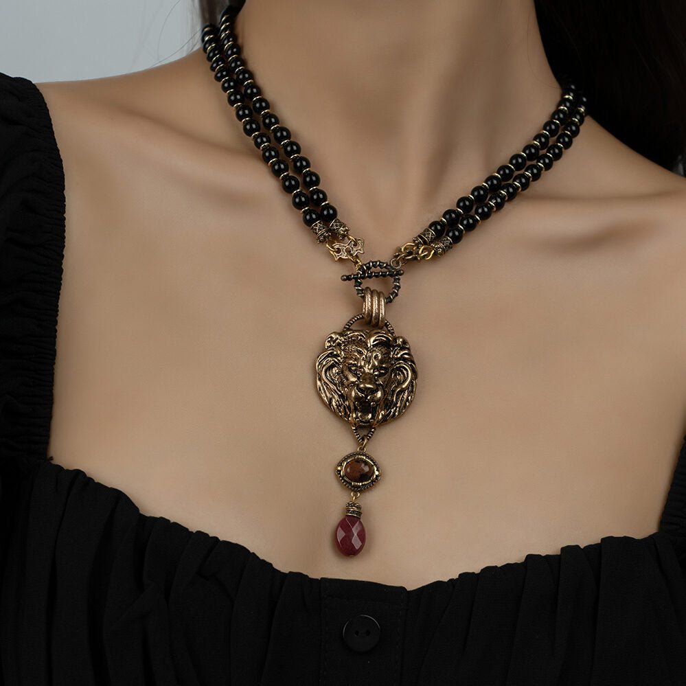 Collier Agate Noire Roi Lion en Laiton et Pierres Naturelles - Biloria