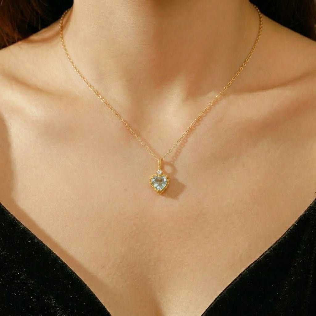 Collier Aigue Marine Cœur Argent Plaqué Or - Biloria