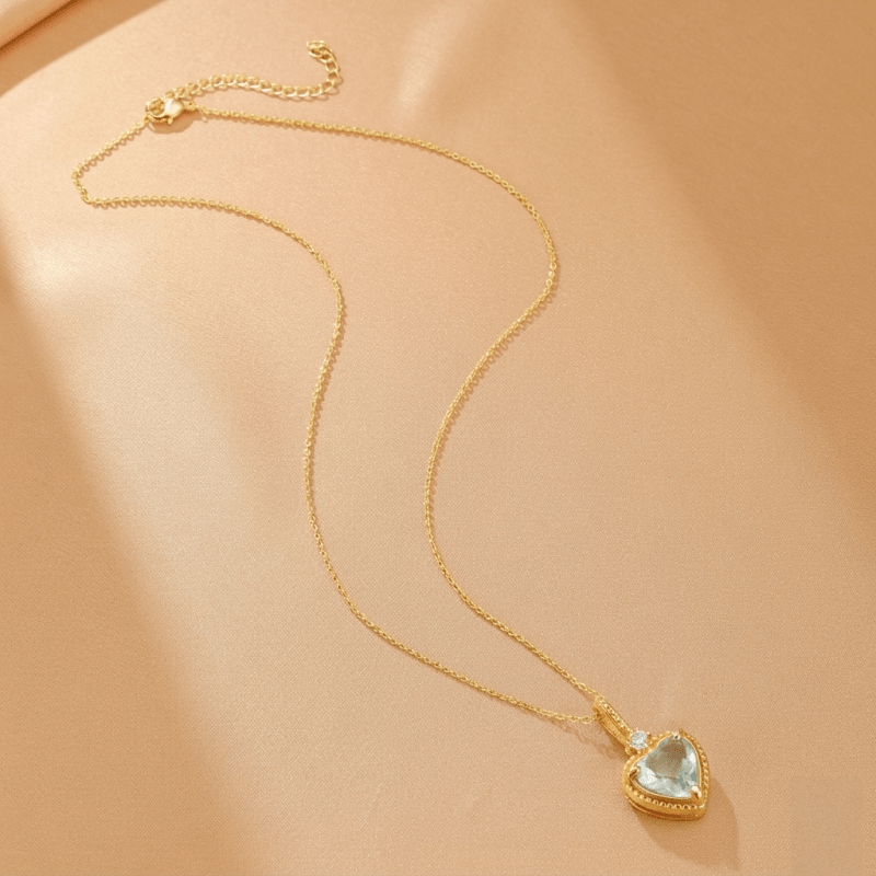 Collier Aigue Marine Cœur Argent Plaqué Or - Biloria