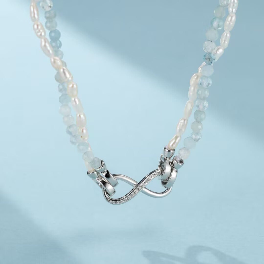 Collier Aigue Marine et Perle Argent 925 Plaqué Platine - Biloria