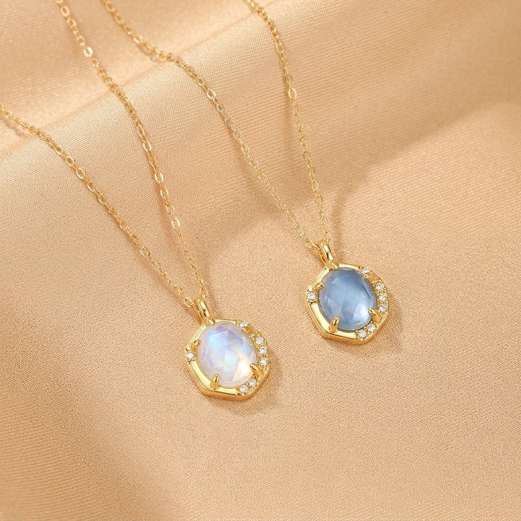 Collier Aigue marine Pierre de Lune Argent Plaqué Or 10K - Biloria