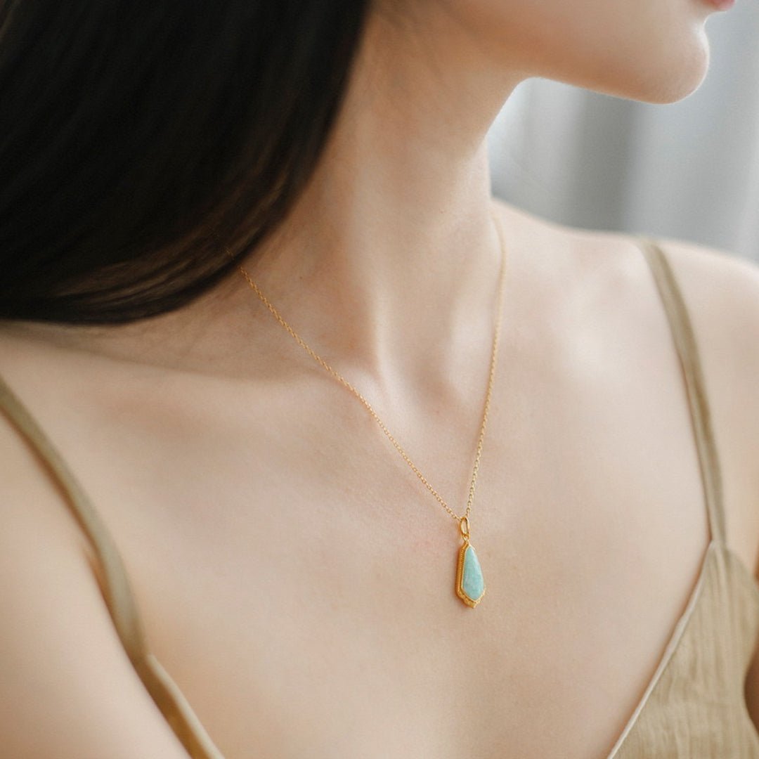 Collier Amazonite Bleu Ciel - Argent Plaqué Or Longueur Ajustable - Biloria