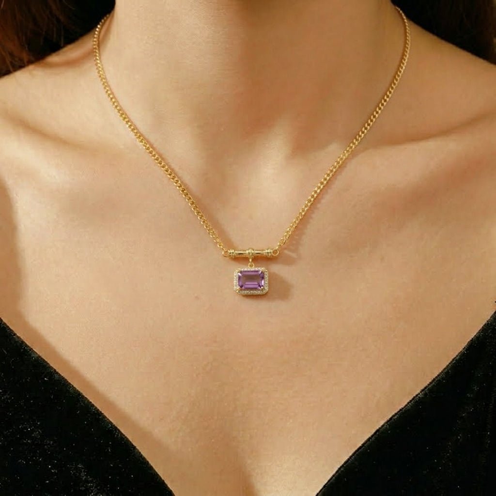 Collier Améthyste Carré Violet - Argent Plaqué Or Spirituel - Biloria