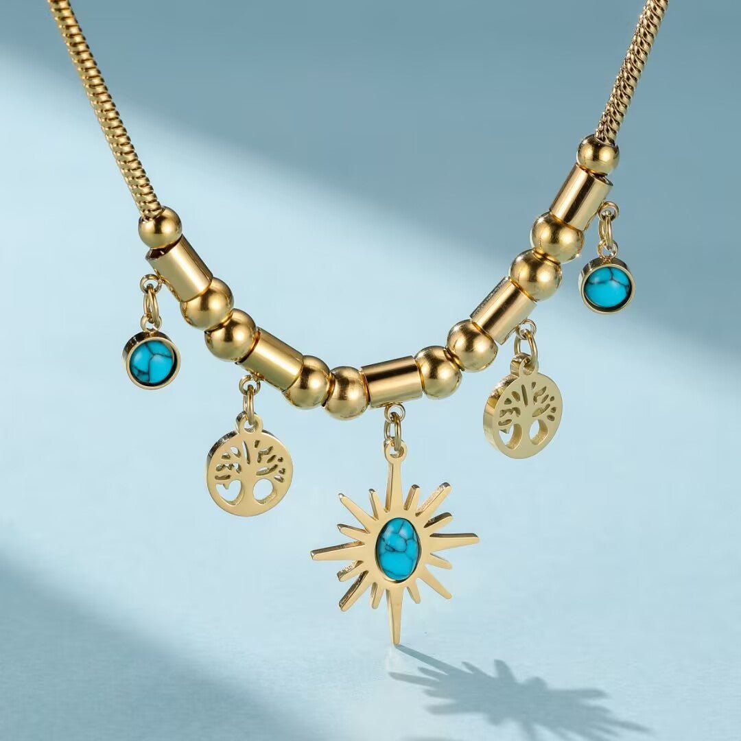Collier Arbre de Vie Turquoise Acier Titane Doré - Biloria
