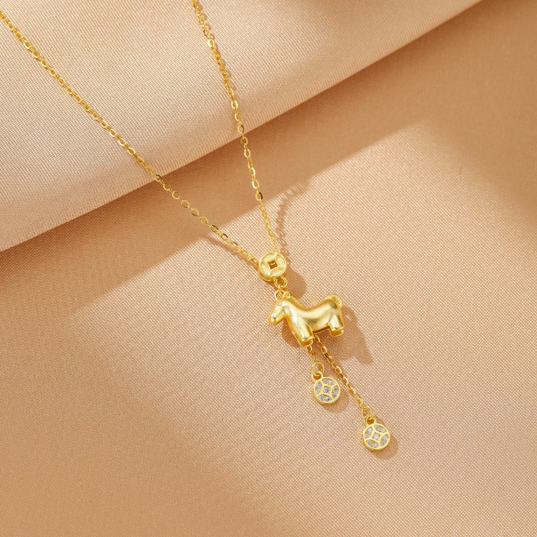 Collier Cheval Doré, Arg 925 Plaqué Or - Talisman Zodiaque Chinois - Biloria