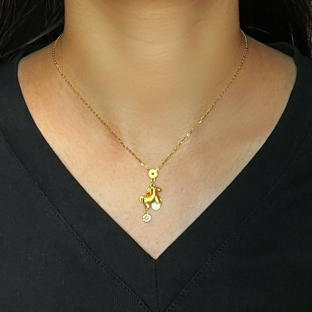 Collier Cheval Doré, Arg 925 Plaqué Or - Talisman Zodiaque Chinois - Biloria