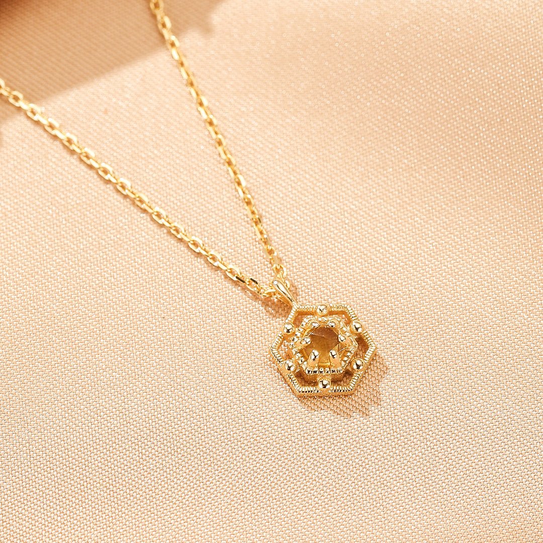 Collier Citrine Hexagonal – Argent Plaqué Or - Biloria
