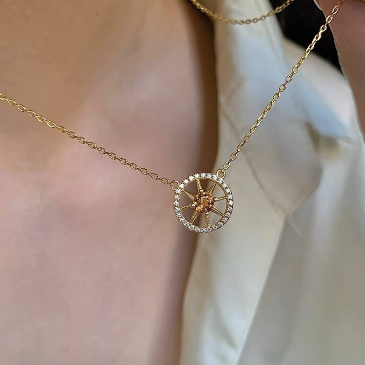 Collier Citrine : Pendentif Cristal Doré, Argent Plaqué Or - Biloria