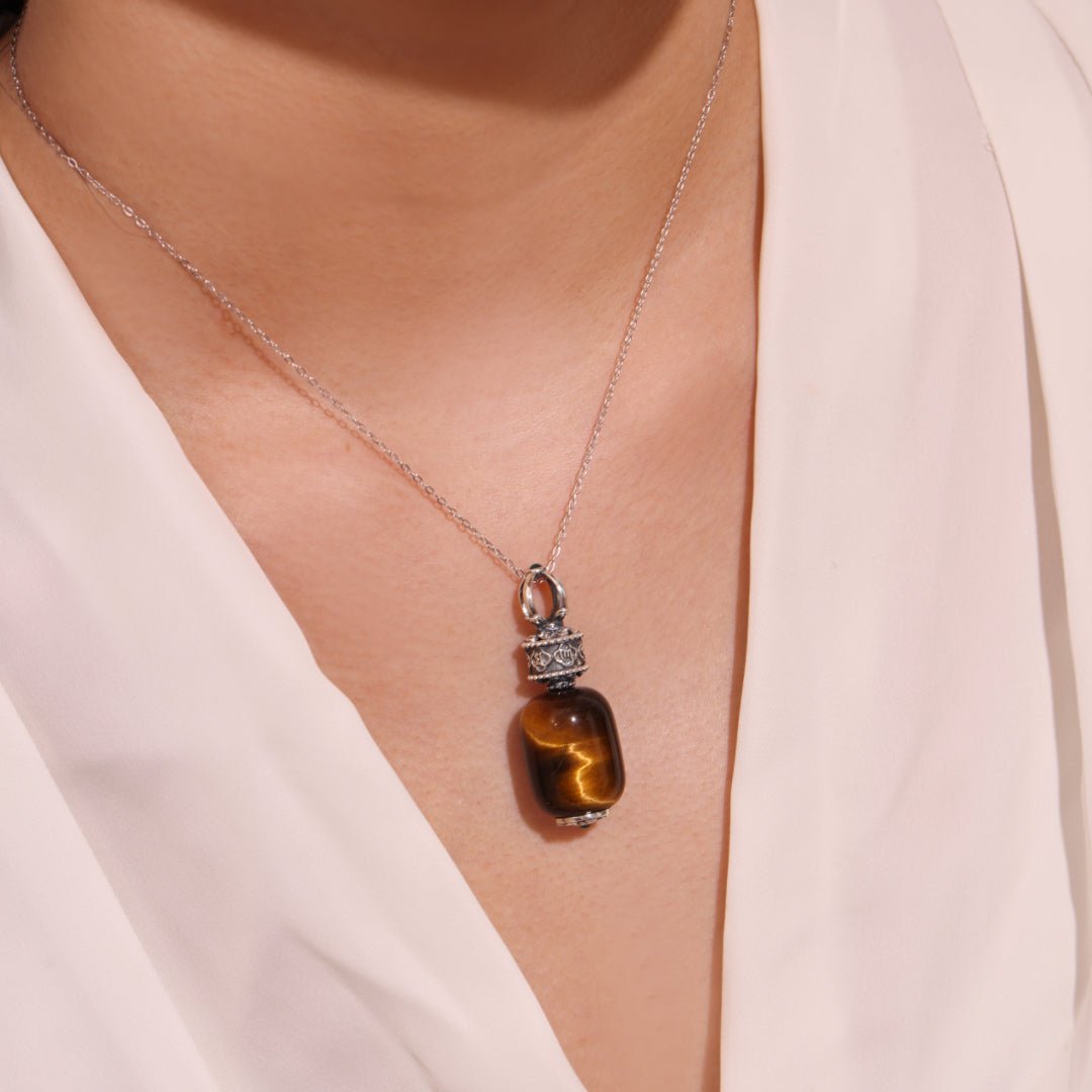 Collier Goutte Œil de Tigre Six Mantras – Bijou Argent Protection - Biloria