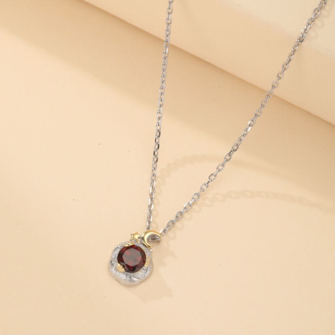 Collier Grenat Lune Étoile Argent 925 Fait Main - Biloria