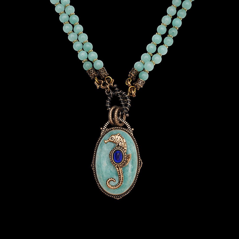 Collier Hippocampe Amazonite Lapis Lazuli Longue Chaîne Réglable - Biloria