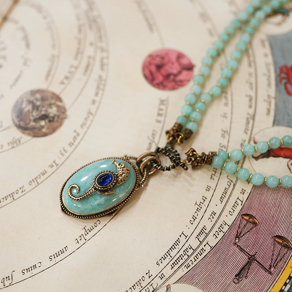Collier Hippocampe Amazonite Lapis Lazuli Longue Chaîne Réglable - Biloria