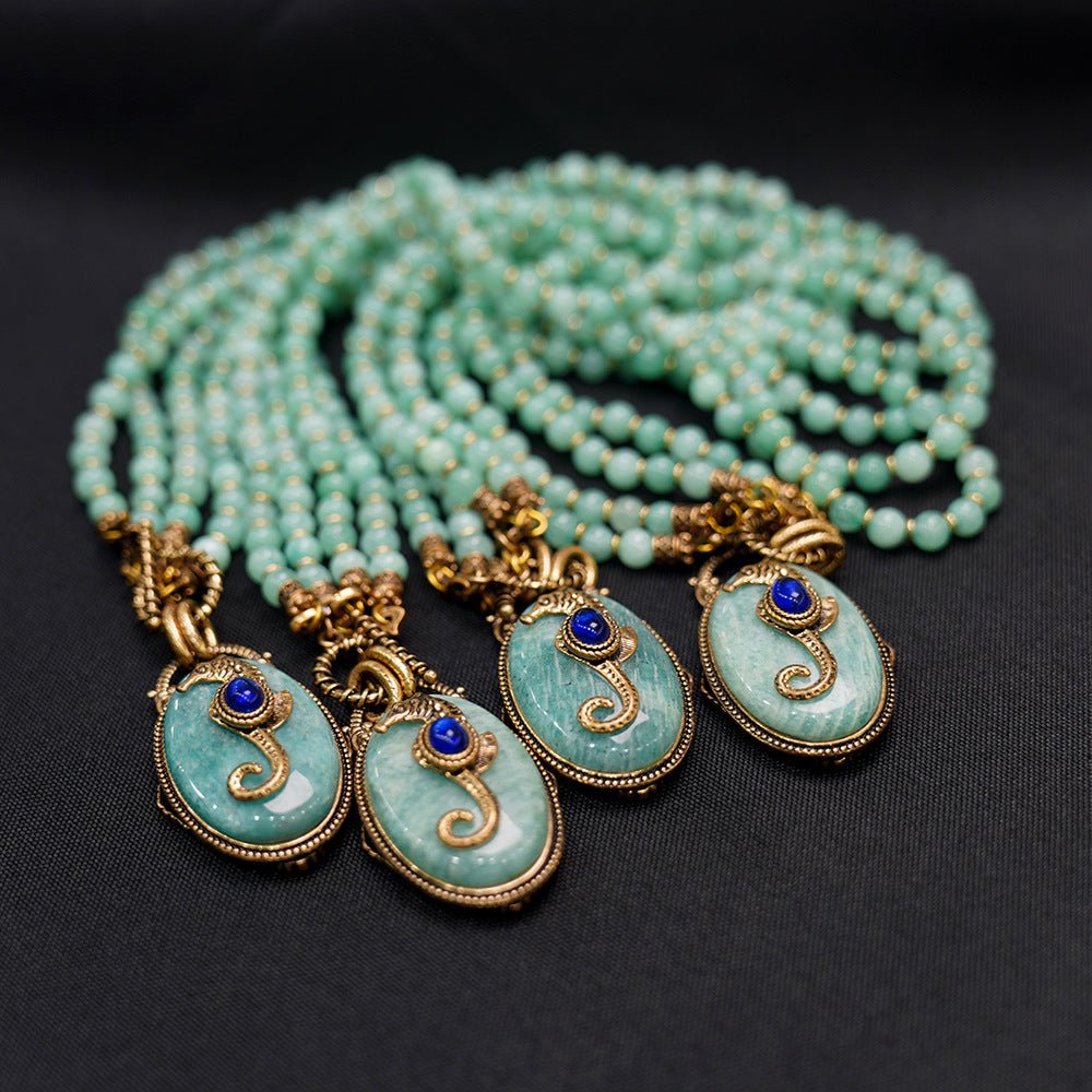 Collier Hippocampe Amazonite Lapis Lazuli Longue Chaîne Réglable - Biloria