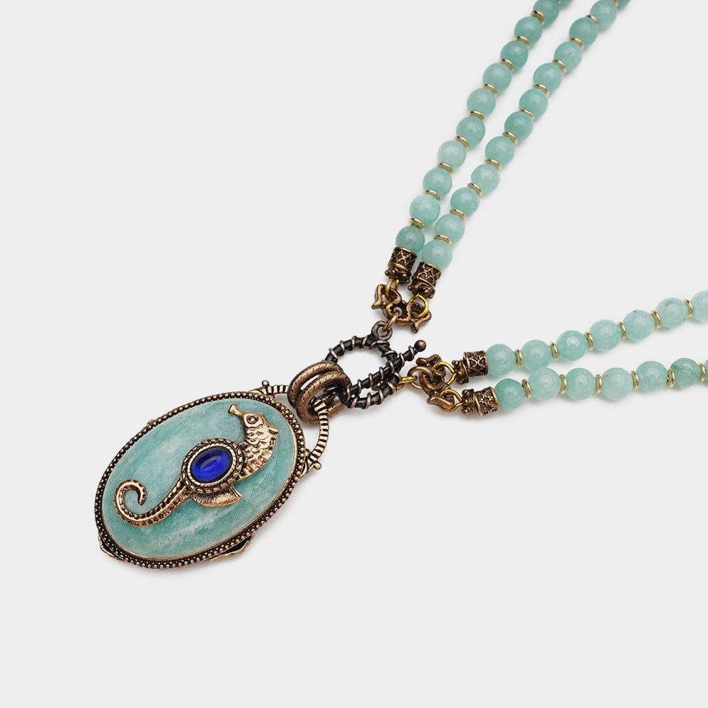 Collier Hippocampe Amazonite Lapis Lazuli Longue Chaîne Réglable - Biloria