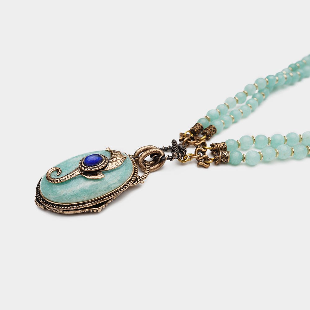 Collier Hippocampe Amazonite Lapis Lazuli Longue Chaîne Réglable - Biloria