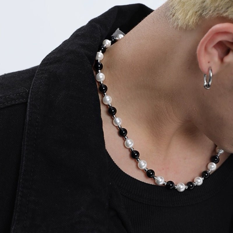Collier Homme Nacre et Agate Noire Acier Inoxydable - Biloria