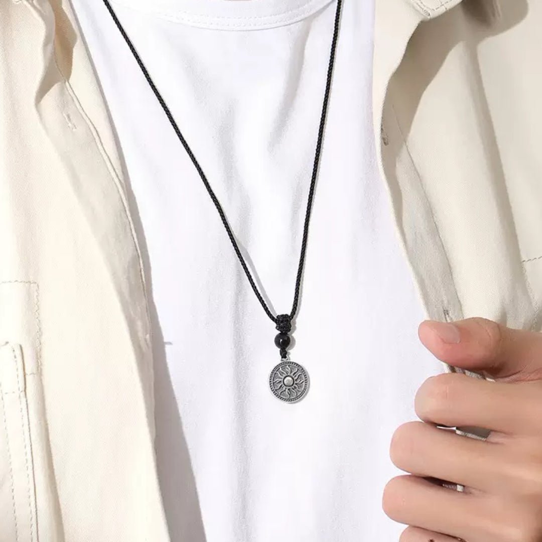 Collier Homme Obsidienne Médaillon Solaire Argent Massif - Biloria
