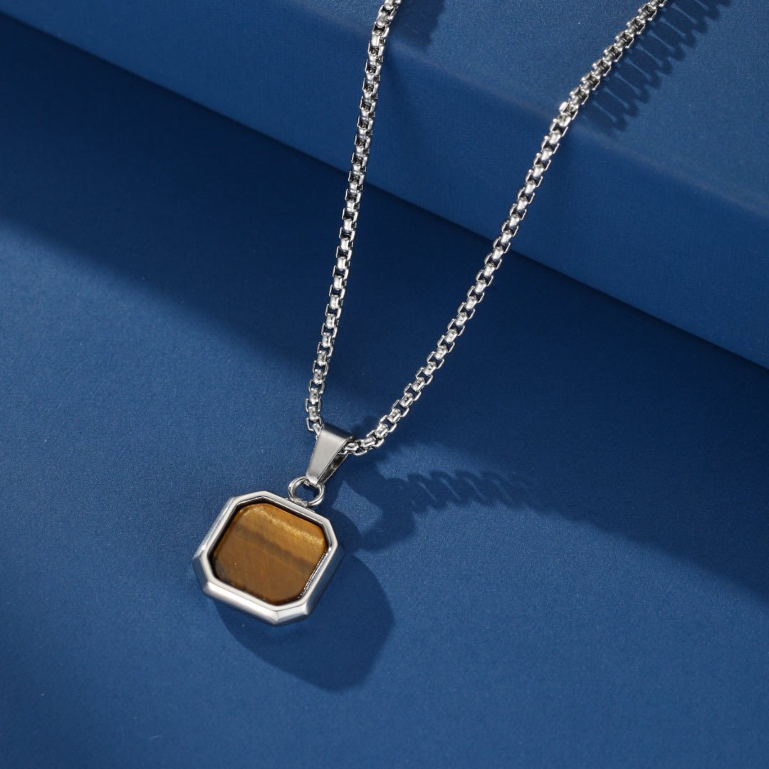 Collier Homme Œil de Tigre Médaillon Géométrique Acier - Biloria