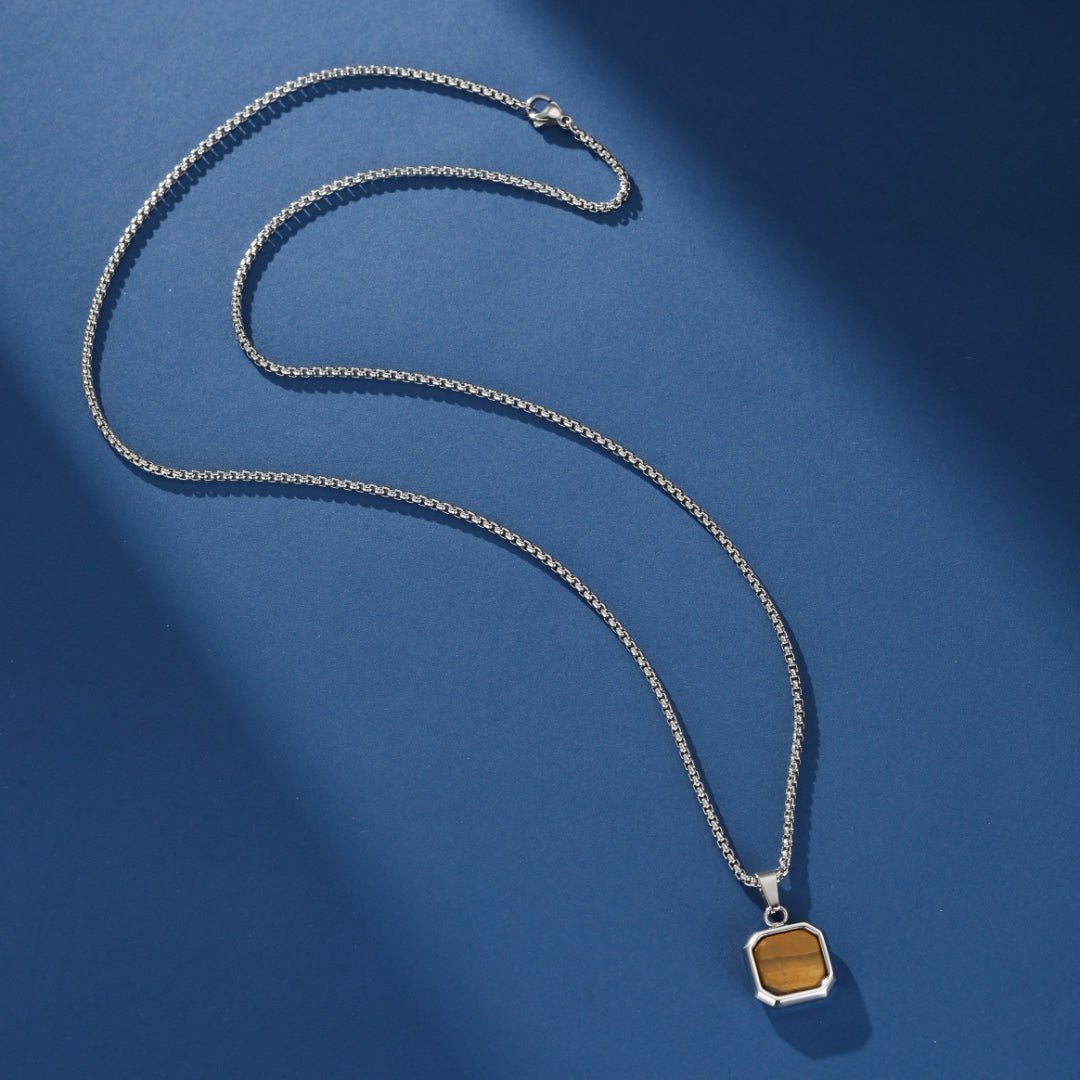 Collier Homme Œil de Tigre Médaillon Géométrique Acier - Biloria