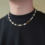 Collier Homme Perle et Croix Dorée Plaqué Or 49 cm - Biloria