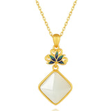 Collier Jade Blanc Lotus Bleu Argent Plaqué Or - Biloria
