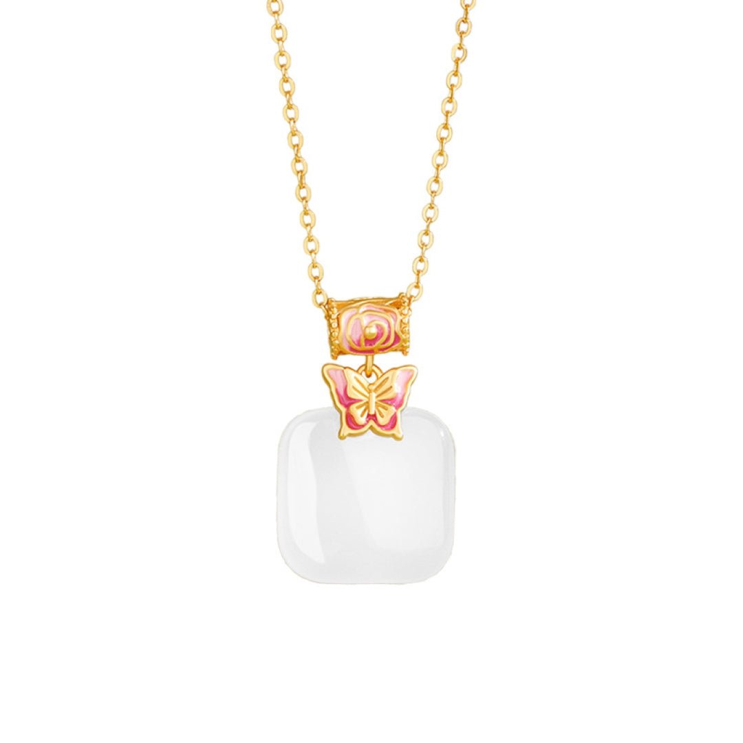 Collier Jade Blanc Papillon Argent Plaqué Or - Biloria