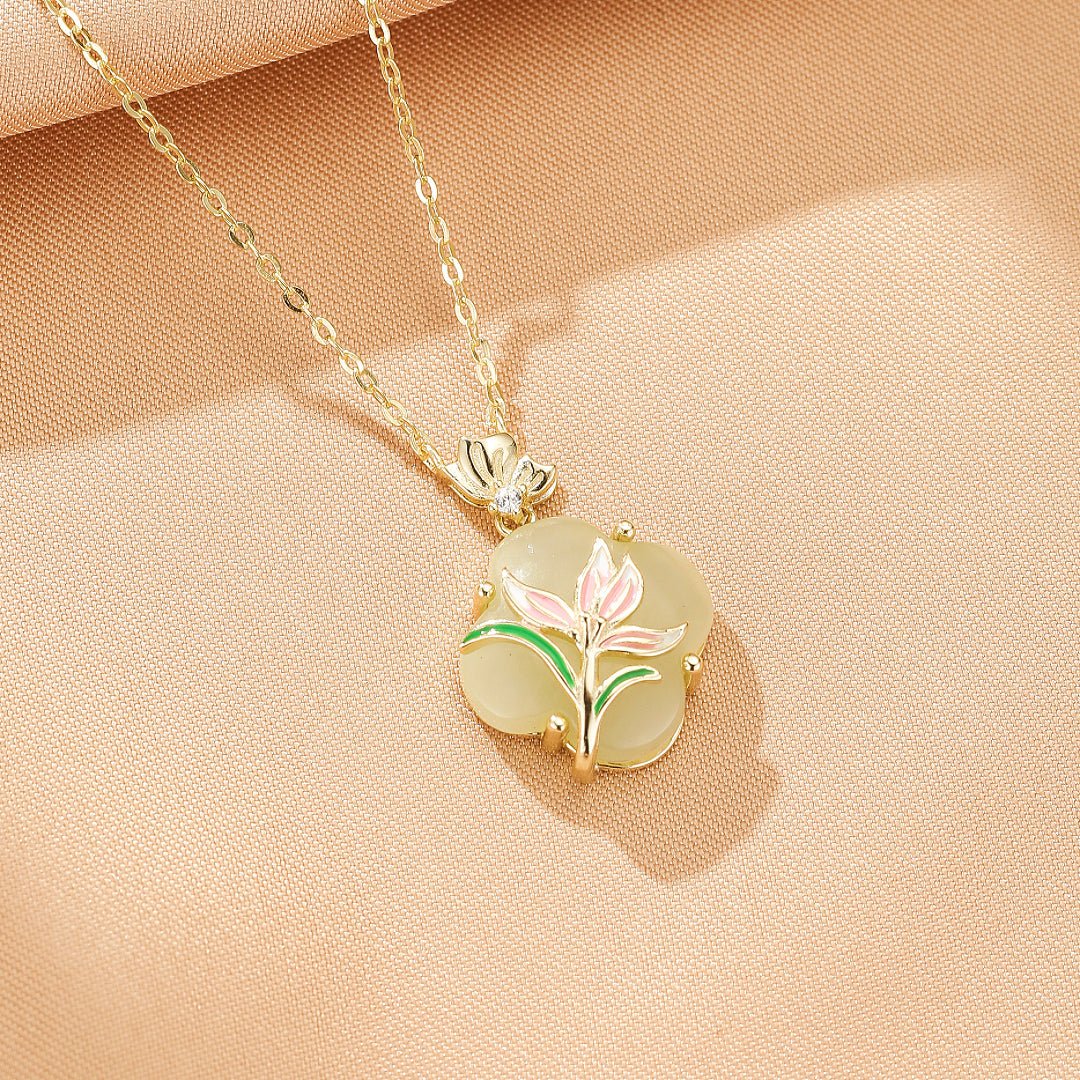 Collier Jade et Fleur Émaillée – Argent Plaqué Or, Lithothérapie - Biloria