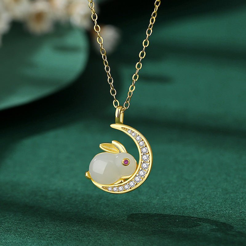 Collier Jade Lapin sur Lune Argent Plaqué Or - Biloria