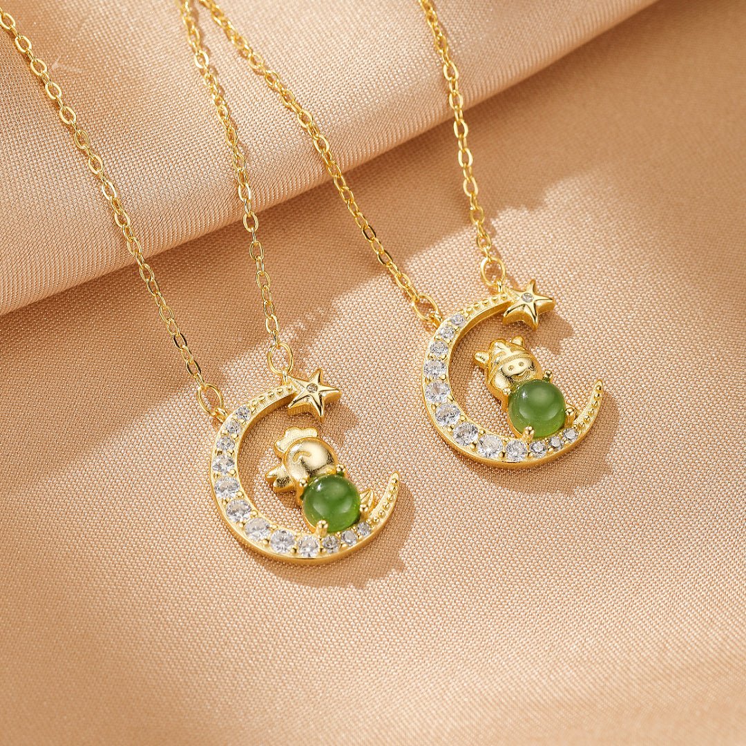 Collier Jade Néphrite Cheval Coq Lune Porte-Bonheur - Biloria