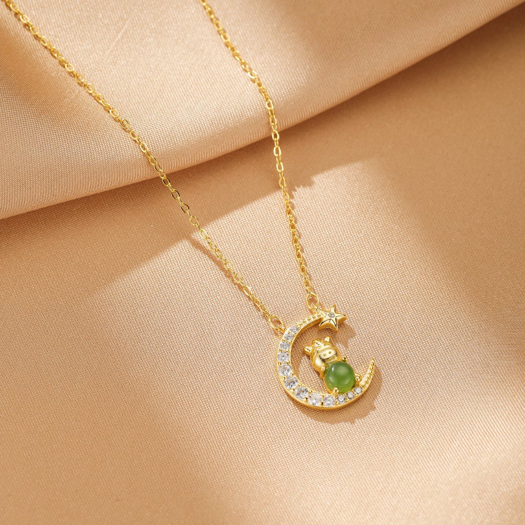 Collier Jade Néphrite Cheval Coq Lune Porte-Bonheur - Biloria