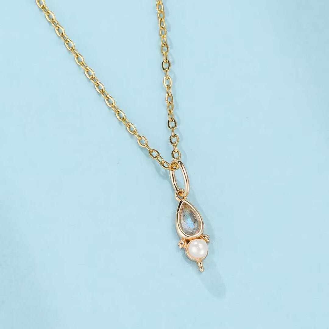 Collier Labradorite Perle Lumière d'Atlantis Argent Plaqué Or - Biloria